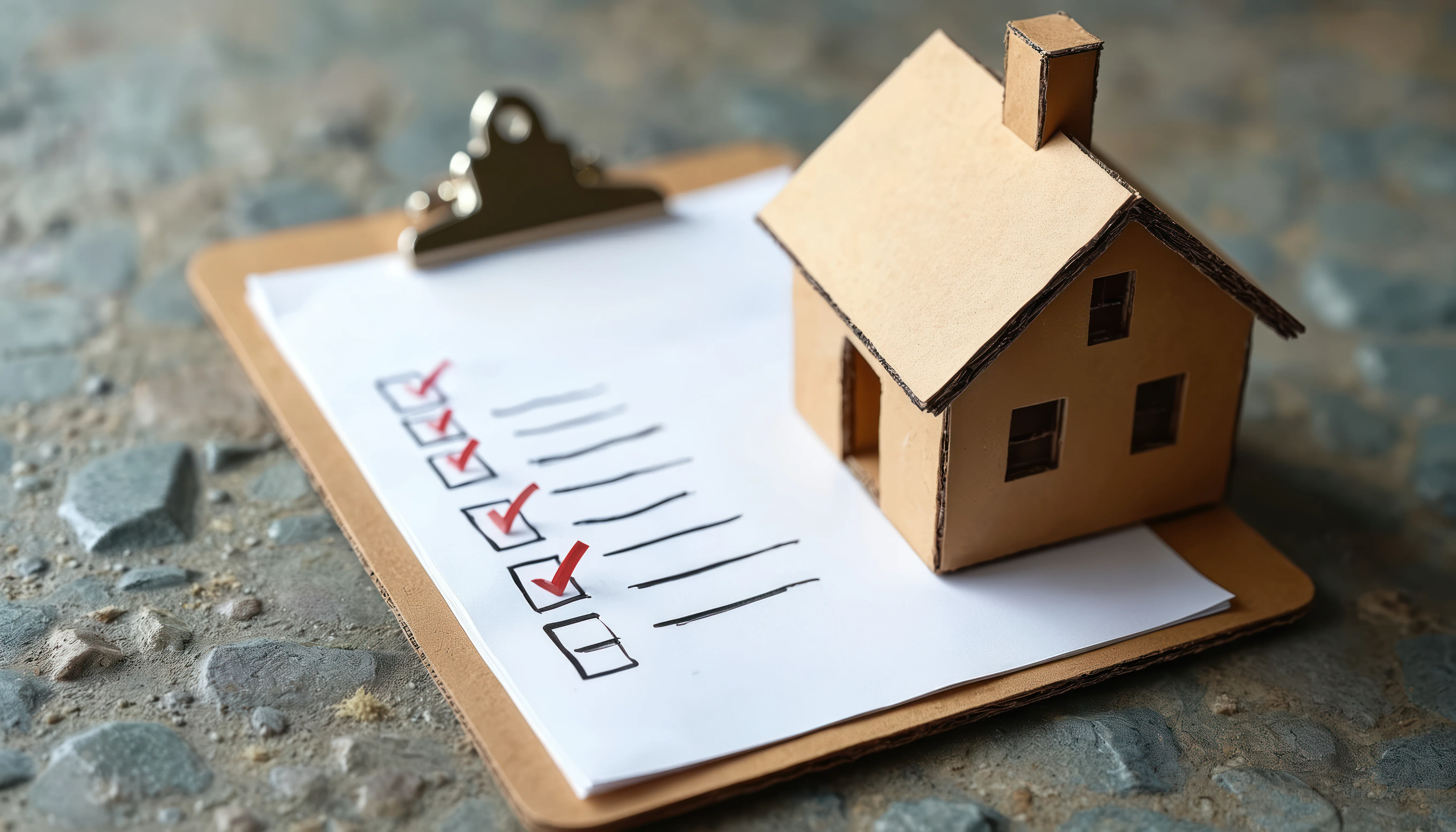 Miniature house on a checklist clipboard, representing property management and insurance requirements.
